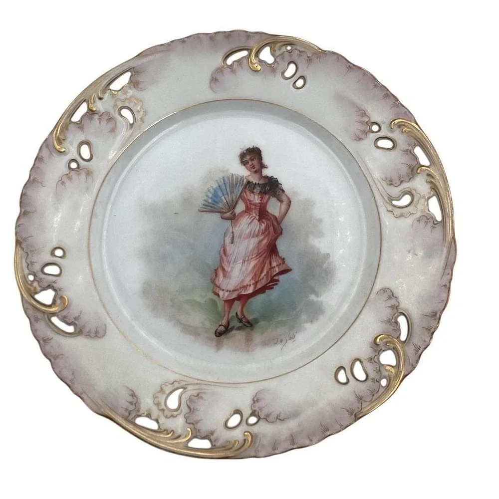 Limoges Haviland & Co Decorative Plate Hand Painted Lady Fan Pierced Rim‎